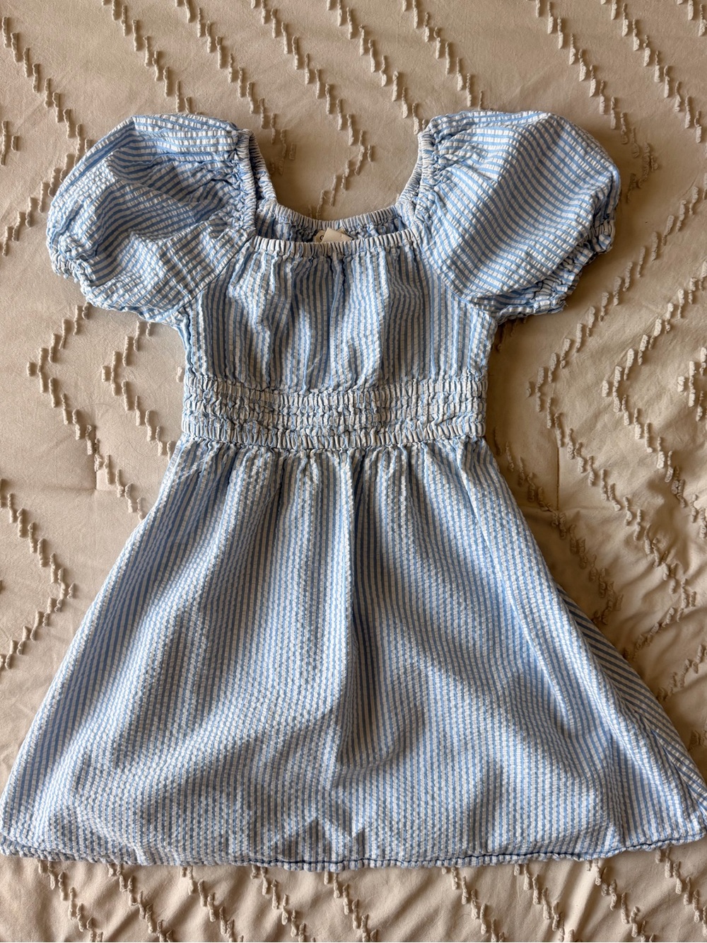 Crewcuts Light Blue & White Striped Puff-Sleeve Dress